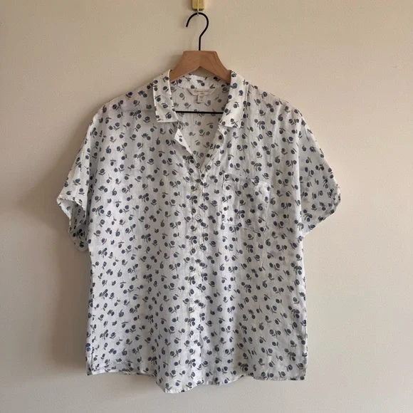 Garnet Hill | 100% Flax Linen Short-Sleeve Button-Front Blueberries Shirt US 10 - Picture 3 of 8